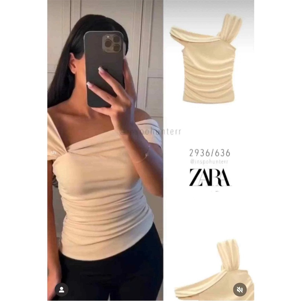 Zara Cream Asymmetric One-Shoulder Ruched Top